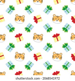 Festive vector pattern with bright gift boxes with bows and tigers. Beautiful Christmas pattern for postcards. wrapping paper, flyers, invitations, backgrounds