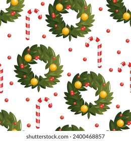 Festliches Vektormuster mit einem Weihnachtskranz aus Kiefernästen und einem Bonbonbon auf weißem Hintergrund