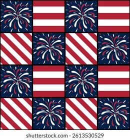 A festive vector pattern featuring alternating squares with red and white stripes, blue backgrounds, and colorful fireworks designs. Ideal for patriotic themes and celebrations.