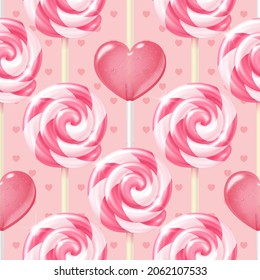 Festive vector realistic striped swirl and heart shape lollipops seamless pattern. Three-dimensional round spiral colorful glossy candies on sticks on a pink background for a valentine's day