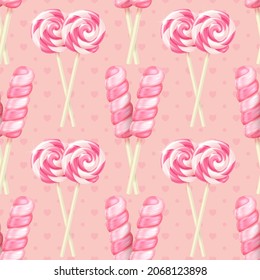 Festive vector realistic striped twisted lollipops seamless pattern. Three-dimensional spiral colorful glossy candies on sticks on a pink background with hearts and points