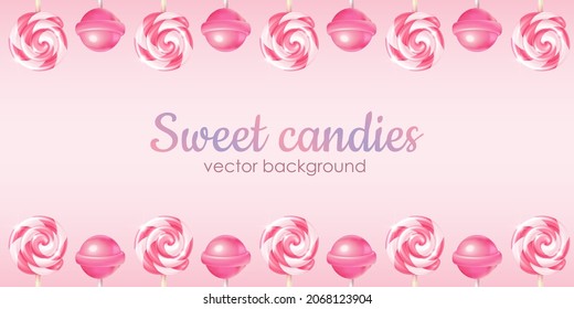 Festive vector realistic striped twisted lollipops background with a copy space. Three-dimensional spiral and round pink glossy candies on sticks on a gradient backdrop