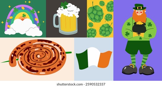 Festive vector retro banner for St. Patrick's Day. Ireland holiday. Cartoon vector illustration for poster , flyer, greeting card. Leprechaun, mug of beer, grilled sausages, rainbow, hop