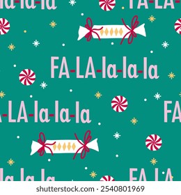 Festive vector seamless Fa la la la pattern with snowflake and candy. Christmas wrapper background. Green, red, pink and gold color. Surface cover design. Fabric textile print.