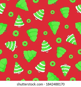 Festive vector seamless illustration with Christmas trees and decorations. Designed for printing, postcards and textiles