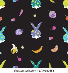 Festive vector seamless pattern for baby products, holidays, birthday, parties, invitations, cards, clothes, textiles. Rabbit, bunnies, fruits.