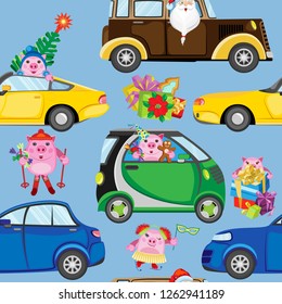 Festive vector seamless pattern. Cars with Christmas trees, festive pigs and Santa Claus. On light blue background