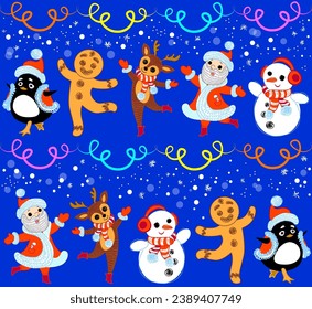 Festive vector seamless pattern with Christmas and New Year characters - Santa, Reindeer, Snowman, Gingerbread, and Penguin dancing on a blue background with snowflakes and serpentine.