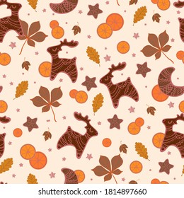 Festive vector seamless pattern for decoration. printing on textiles and gift wrapping. drawing with gingerbread and falling leaves.