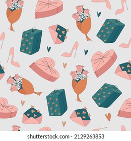 Festive vector seamless pattern. Doodle flat emerald, gold and pink elements on grey. Bouquet of roses, gift boxes, envelope, hearts, pumps. Tender design for wallpaper, wrapping, covers, prints.