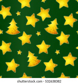 Festive vector seamless pattern with illustration of bright golden stars, Christmas Tree. Element for Merry Christmas and New Year's design. Beautiful holiday background. Ornamental lace tracery.