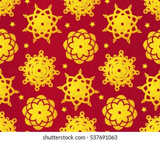 Festive vector seamless pattern with illustration of bright golden stars and snowflakes. Element for Merry Christmas and New Year's design. Holiday background. Ornamental lace tracery.