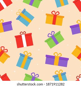 Festive vector seamless pattern with the image of gift boxes on a light background for wrapping paper or for the design of various items and accessories