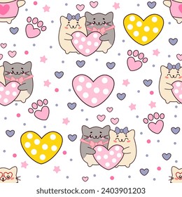 Festive vector seamless pattern with a pair of cute kawaii cats holding a big heart on a white background. Valentine's Day Concept