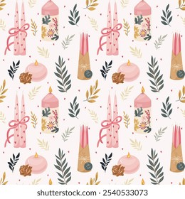 Festive vector seamless pattern in pink and gold, adorned with candles, leaves and hearts. Charming design brings warmth and elegance, making it ideal for decor, invitations, and special celebrations