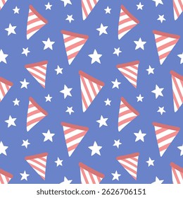 A festive vector seamless pattern with striped party flags and white stars on a blue background