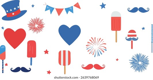 A festive vector set for the 4th of July celebration featuring American flags, bald eagles, Uncle Sam hats, fireworks, beer glasses, and patriotic sunglasses. Perfect for party invites and event poste