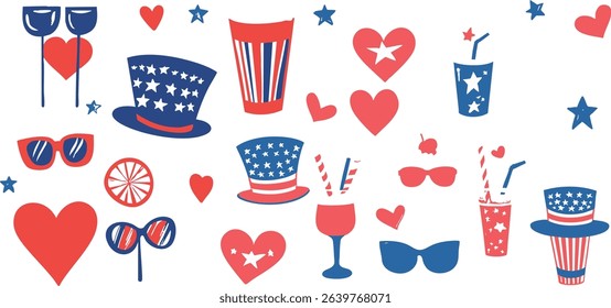 A festive vector set for the 4th of July celebration featuring American flags, bald eagles, Uncle Sam hats, fireworks, beer glasses, and patriotic sunglasses. Perfect for party invites and event poste