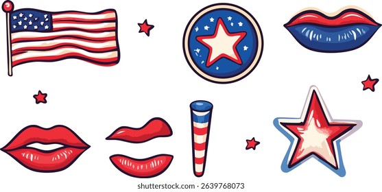 A festive vector set for the 4th of July celebration featuring American flags, bald eagles, Uncle Sam hats, fireworks, beer glasses, and patriotic sunglasses. Perfect for party invites and event poste