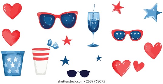 A festive vector set for the 4th of July celebration featuring American flags, bald eagles, Uncle Sam hats, fireworks, beer glasses, and patriotic sunglasses. Perfect for party invites and event poste