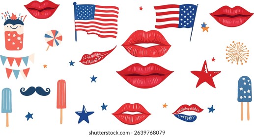 A festive vector set for the 4th of July celebration featuring American flags, bald eagles, Uncle Sam hats, fireworks, beer glasses, and patriotic sunglasses. Perfect for party invites and event poste