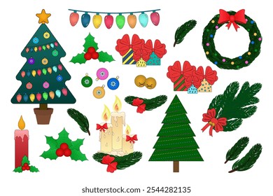 Festive vector set of Christmas trees, candles, wreaths, gifts, and holiday decorations. Perfect for seasonal designs and New Years themes.