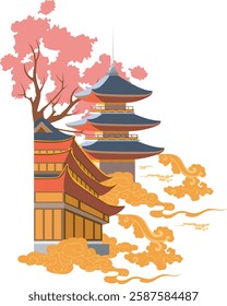 A festive vector set featuring pagodas, cherry blossoms, heaven clouds, and traditional Chinese houses. Perfect for greeting cards, invitations, and decorations. Editable EPS file for customization!