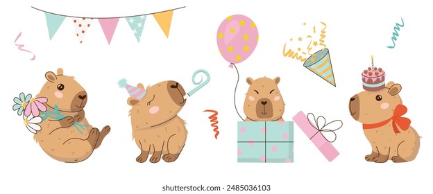 Festive vector set in flat style of clipart featuring cute capybaras with balloon, cake, gift and confetti at birthday party. Great for print, card, invitation, holiday design. Happy Birthday concept.