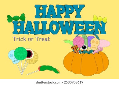 A festive vector set of Halloween candy and decorations, perfect for spooky designs, posters, and party invitations.