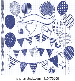 Festive vector set. Isolated design elements for invitations, greeting cards, flyers. Air balls, buntings garlands, ribbon