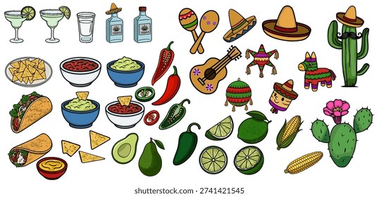 Festive vector set of Mexican food, drinks, and decorations for Cinco de Mayo