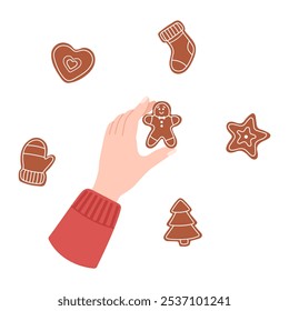 Festive vector set of New Year's gingerbread cookies. Includes a star, a tree, a heart, gingerbread men, a sock, a mitten. Perfect for holiday designs, cards and seasonal decorations.