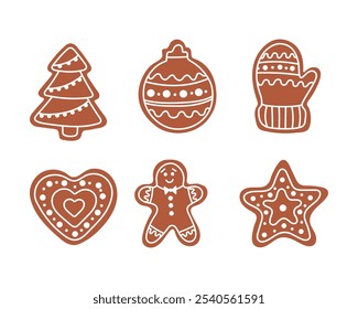 Festive vector set of New Year's gingerbread cookies. Includes a star, a tree, a heart, gingerbread men, a sock, a mitten. Perfect for holiday designs, cards and seasonal decorations.