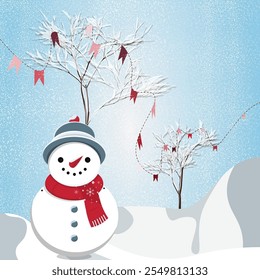 Vetor festivo de um boneco de neve em uma paisagem de inverno nevado com bandeiras de Natal, uma árvore decorada, flocos de neve e queda de neve. Perfeito para projetos de férias, cartões de felicitações e decorações sazonais.