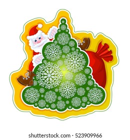 Festive vector sticker. Santa Claus on the Christmas tree of openwork snowflakes and a bag of gifts on a bright yellow background. Cartoon style. Funny cartoon character.