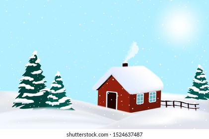Festive vector winter countryside background with a red cottage house, chimney smoke and christmas trees with negative space.