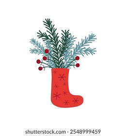 Festive vector winter illustration with Christmas stocking for gifts with a bouquet of fir branches and berries on isolated background. Xmas design element for a flyer, postcard, congratulation, print