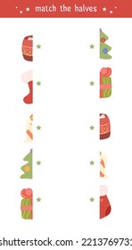Festive vector worksheet template for preschool lessons. Find right half for christmas objects. Match the halves. Children educational game. Template with cartoon New year stuff