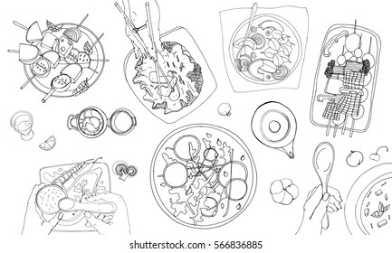 Festive vegetarian tableful, laid table, holidays hand drawn contour illustration, top view