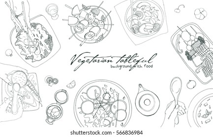 Festive vegetarian tableful, laid table, holidays hand drawn contour illustration, top view. Background with place for text.