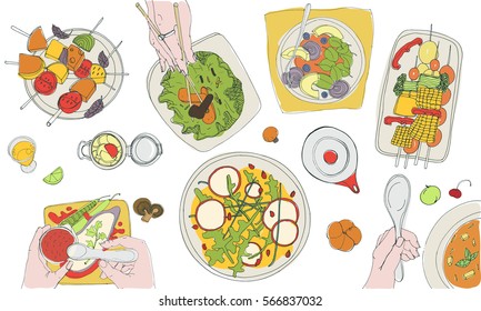 Festive vegetarian tableful, laid table, holidays hand drawn colorful illustration, top view