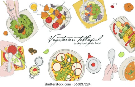 Festive vegetarian tableful, laid table, holidays hand drawn colorful illustration, top view. Background with place for text.