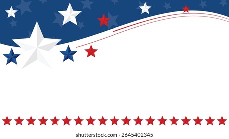Festive and versatile 4th of July background design featuring bold red and blue star borders, a sweeping patriotic wave, and a spacious white center for text or branding.