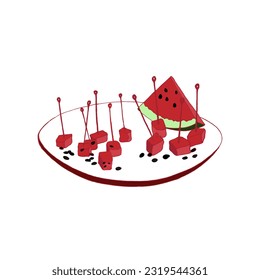 Festive version of serving fruits and berries, watermelon canapes on a plate. Vector illustration.