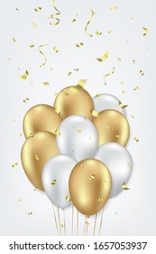 Festive vertical background. White and golden balloons and gold sparkles and glitter confetti on gray background. Realistic style. Celebrate template. Vector illustration.