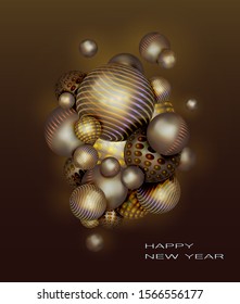 Festive vertical banner with abstract spheres. Happy New Year! Flying brown balls. New Year's Eve. Festive New Year banner, advertising, business concept.