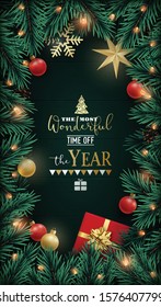 Festive vertical banner with pine branches, decorative baubles, gift box, stars and garlands. Christmas flat lay composition. 