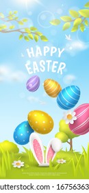 Festive vertical banner with title “Happy Easter” and spring scene with falling realistic colorful eggs and 3D fur ears of bunny on meadow. Vector holiday background with cartoon landscape.