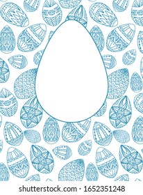 Festive vertical card with Easter doodle eggs with boho pattern and egg silhouette for text. Vector template for invitations, banners, cards and your creativity.