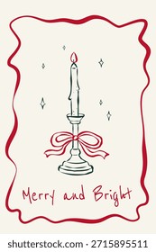 Festive vertical card with hand drawn candlestick with burning candle and coquette bow in ink sketch style on white background for Christmas holidays. For poster, invitation, label, backdrop, cover.